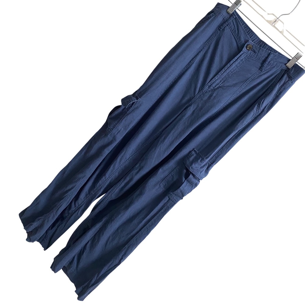 ANA A New Approach Womens Blue Linen‎ Blend Wide Leg Cargo Utility Pants Size 10